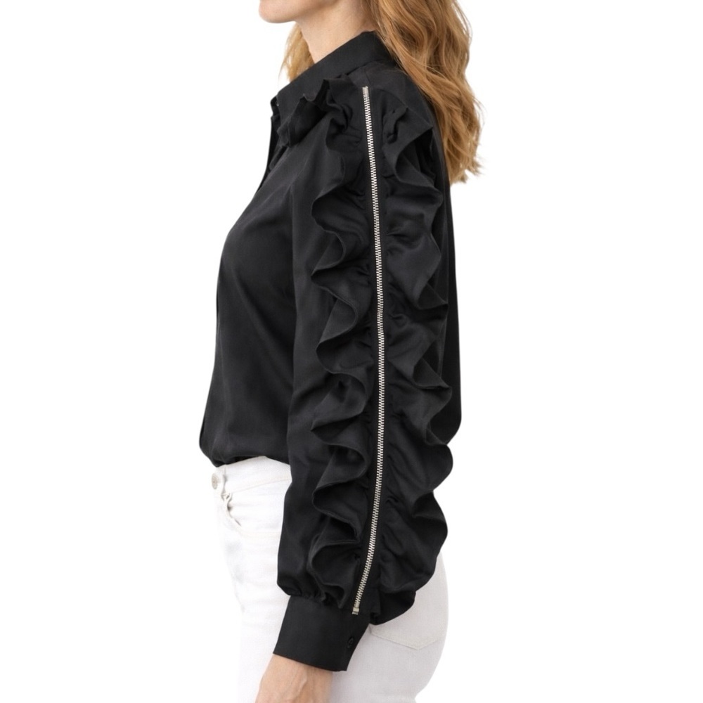 Dramatic Black Zip Ruffle Sleeve Top - Picture 8 of 12